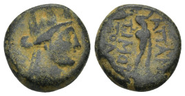 Phrygia, Apameia, c. 88-40 BC. Æ (14mm, 4.2 g). Timodes, magistrates. Turreted bust of Artemis–Tyche r., bow and quiver over shoulder. R/ Marsyas adva...