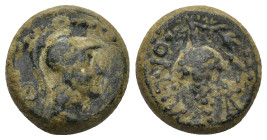 Cilicia, Soloi, c. 100-30 BC. Æ (15mm, 5.3 g). Helmeted head of Athena r. R/ Grape bunch; two monograms to r.