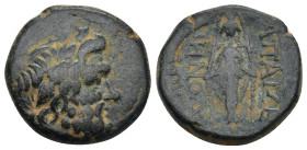 PHRYGIA, Apameia, (Circa 100-50 BC). Menod-, magistrate. Ae. (20mm, 7.97 g) Obv: APAME / ΜΗΝΟΔΟ / ENEM Laureate head of Zeus right. Rev: Cult statue o...
