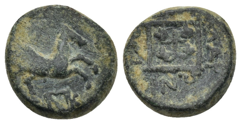 Thrace, Maroneia, c. 398/7-348/7 BC. Æ (15mm, 4.5 g). Horse prancing r. R/ Grape...