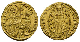 ITALY, Venice, Andrea Contarini (1368-1382), ducat or zecchino, (3.55 Gr. 19mm.)
Doge kneeling before St Mark, both holding flag.
Rev. Christ in mando...