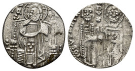 Italian States, Republic of Venice. Giovanni Soranzo AR Grosso. (17mm, 1.60 g) AD 1312-1328. Christ enthroned facing, quatrefoils on throne back; IC-X...