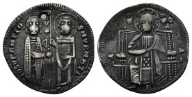 Italy. Venice. Giovanni Soranzo (1312-1328). Grosso. Venice. (2.1 Gr. 21mm.)
Doge and St. Mark standing facing, holding between them a staff with bann...