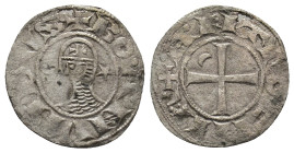 CRUSADERS, Antioch. Raymond Roupen . 1216-1219. AR Denier (0.72 Gr. 17mm.)
Helmeted bust left with chin guard; crescent and star in fields 
Rev. Cross...