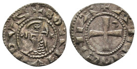 CRUSADERS, Antioch. Raymond Roupen . 1216-1219. AR Denier (0.59 Gr. 17mm.)
Helmeted bust left with chin guard; crescent and star in fields 
Rev. Cross...