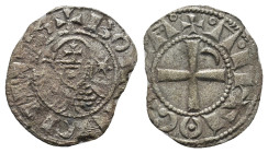 CRUSADERS, Antioch. Raymond Roupen . 1216-1219. AR Denier (0.49 Gr. 17mm.)
Helmeted bust left with chin guard; crescent and star in fields 
Rev. Cross...