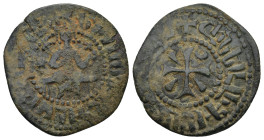 Crusaders Cilician Armenia. AE Pogh (3.7 Gr. 23mm.). 
King seated facing, holding cross and fleur-de-lis.
 Rev. Cross.