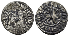 Cilician Armenia, Hetoum I (1228-1270) AR Tram (2.8 Gr. 20mm.)
Zabel and Hetoum standing, facing one another, each crowned with head facing and holdin...