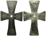 Byzantine Cross Pendant A substantial bronze cross with five recesses and incised geometric designs to one face. 112 mm, 53.9 gr.
