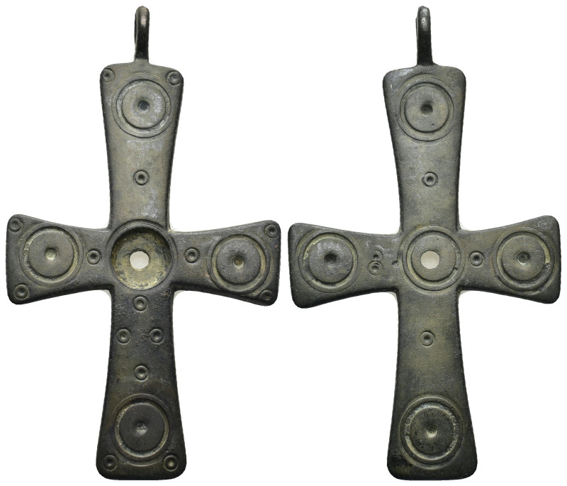 Byzantine Cross Pendant A substantial bronze cross with geometric designs to two...