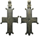 Byzantine Reliquary Cross Pendant with St John 6th-9th century AD. A substantial bronze cruciform reliquary with five recesses and incised geometric d...