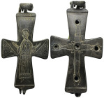 Byzantine Reliquary Cross Pendant A substantial bronze cruciform reliquary with five recesses and incised geometric designs to one face, image of Sain...