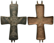 Byzantine Reliquary Cross Pendant A substantial bronze cruciform reliquary with image of Saint praying. 85 mm, 19,67 gr.