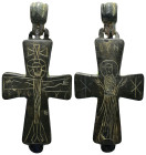 Byzantine Reliquary Cross Pendant with A substantial bronze cruciform reliquary with crucificed Christ, image of saint praying 102 mm, 65.98 gr.