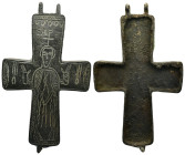 Byzantine Reliquary Cross Pendant A substantial bronze cruciform reliquary with image of Saint praying. 99 mm, 44.96 gr.