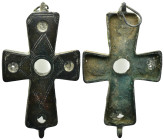 Byzantine Cross Pendant A substantial bronze ccross with geometric designs to one face. 87 mm, 27.54 gr.