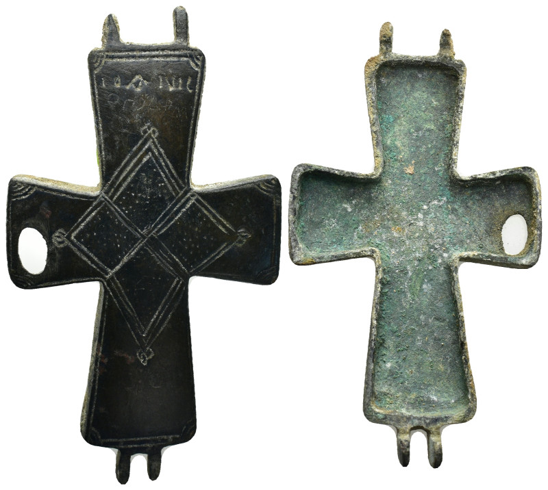 Byzantine Cross Pendant A substantial bronze ccross with geometric designs to on...