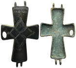 Byzantine Cross Pendant A substantial bronze ccross with geometric designs to one face. 87 mm, 27.99 gr.