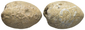 Lead sling bullet with legend. 27mm, 35 gr.