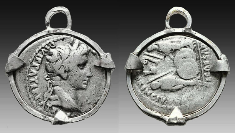 Coin Pendant of AUGUSTUS, 27 BC-AD 14. AR, Denarius. Lugdunum.
Obv: CAESAR AVGV...