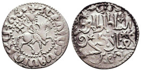 Armenian Kingdom. Hetoum I, with Kaykhusraw II. 1236-1245. AR tram. Bilingual issue. Sis, AH 637. King on horseback right, holding scepter; cross at l...