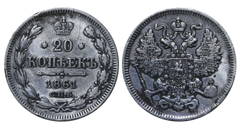 Russia, Aleksandr II (1855 - 1881). 20 kopeks 1861 year, Silver, 2 g, Y# 20.2, B...