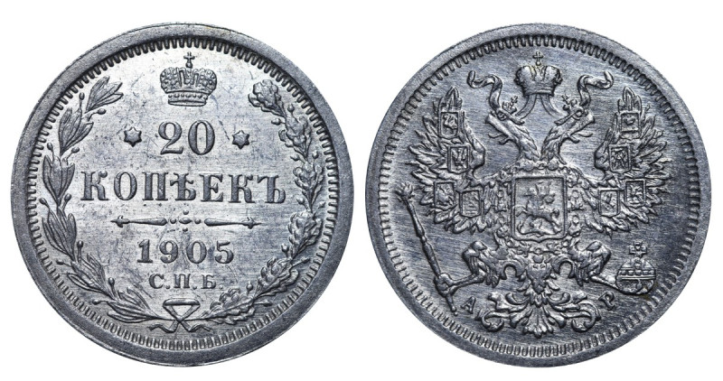 Russia, Nicholas II (1894 - 1917). 20 kopeks 1905 year, Silver, 3,6 g, Y# 22a.1,...