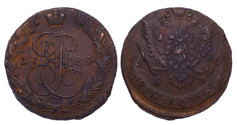 Russia, Ekaterina II (1762 - 1796). 5 kopeks 1784 year, Cooper, 51,2 g, C# 59.3,...