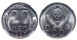 USSR, Nikita Sergeyevich Khrushchev (1922 - 1953). 20 Kopeks, 1957 year, Copper-nickel,3.6 g ,Y# 125 NGC MS64+ 

Estimate: 30-60 EUR