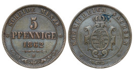 Germany (Kingdom of Saxony), John I (1854 - 1873). 5 pfennige 1862 year, Copper, 7,4 g, KM# 1218

Estimate: 10-20 EUR