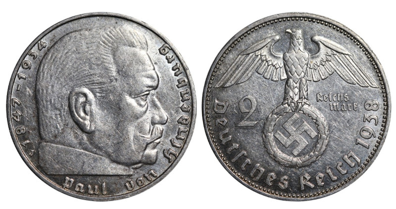 Germany (Third Reich), Adolf Hitler (1934 - 1945). 2 Reichsmark 1938 year (Hambu...