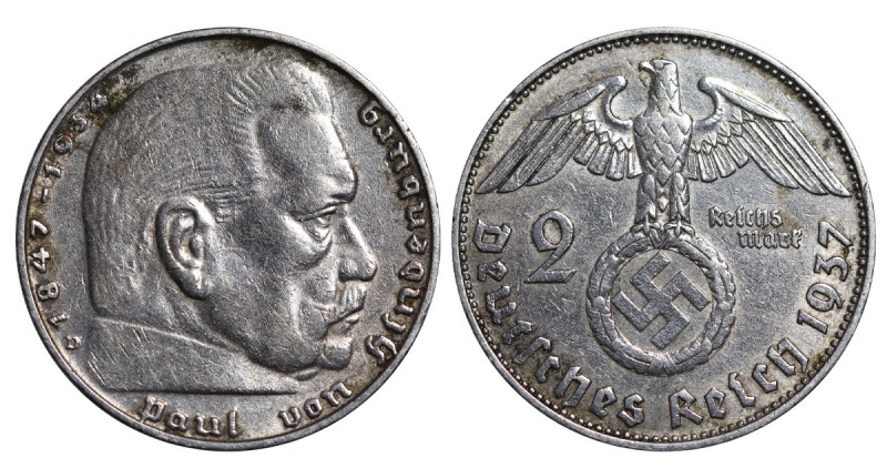 Germany (Third Reich), Adolf Hitler (1934 - 1945). 2 Reichsmark 1937 year,(Munic...