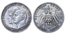 Germany (Anhalt-Dessau), Friedrich II (1904 - 1918). 3 marks 1914 year, Silver, 16,66g, KM# 30, 25th Anniversary of the Wedding

Estimate: 50-80 EUR