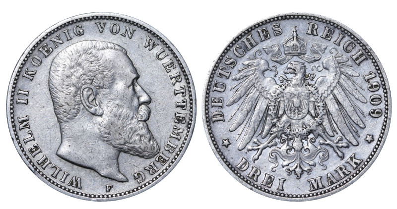 Germany (Württemberg), Vilhelms II (1891 - 1918), 3 marks 1909 year, Silver, 24,...