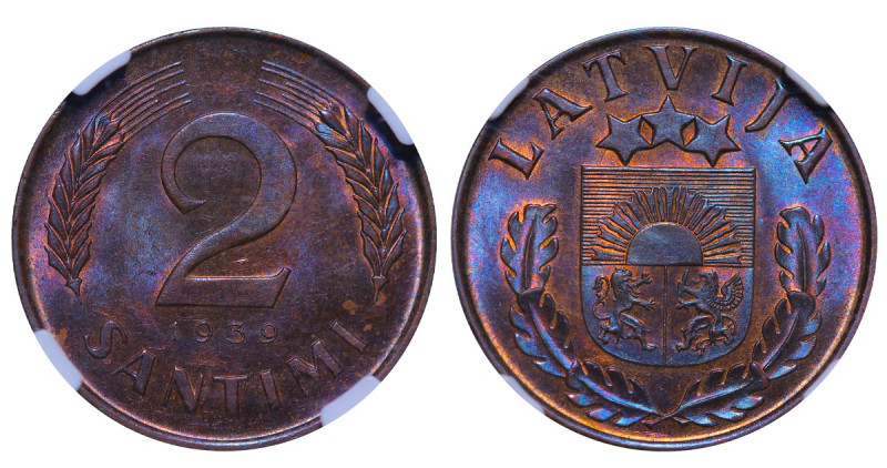 Latvia, Karlis Ulmanis (1936 - 1940). 2 Santims 1939 year, Bronze, 2 g. KM#11, N...