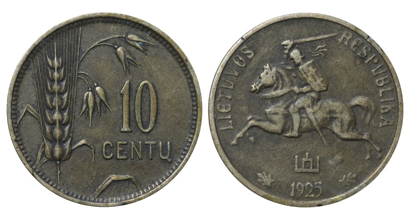 Lithiania, Aleksandras Stulginskis (1922 - 1926). 10 cen tu 1925, Aluminium-bron...