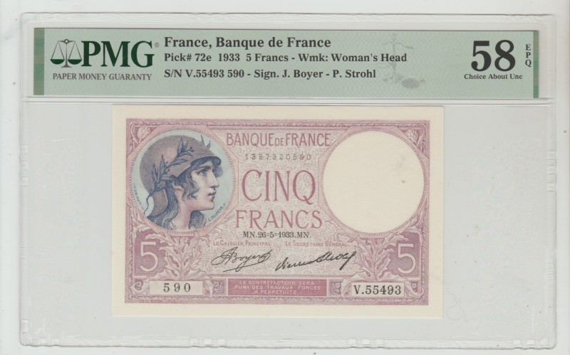 France, Albert Lebrun (1932 - 1940). 5 francs 1933 year, Banque de France, Pick#...