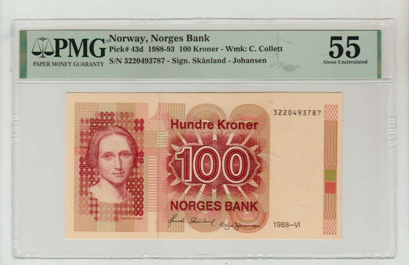 Norway, King Olav (1957 - 1991). 100 kroner 1988 year, Norges Bank, Pick#43d, 19...