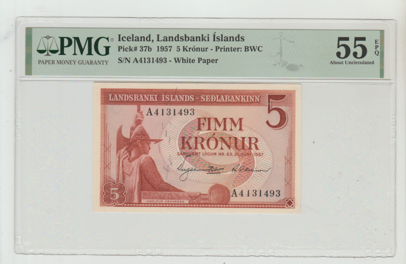 Iceland, Asgeir Asgeirsson (1952 - 1968). 5 kronur 1957 year, Landsbanki Islands...