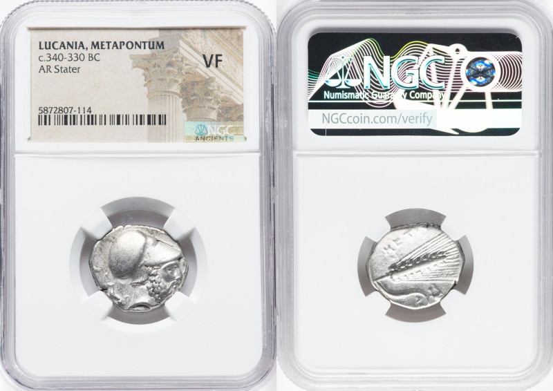 LUCANIA. Metapontum. Ca. 340-330 BC. AR stater (21mm, 2h). NGC VF. S- and Ami-, ...