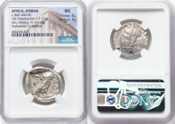 ATTICA. Athens. Ca. 440-404 BC. AR tetradrachm (25mm, 17.22 gm, 4h). NGC MS 4/5 - 4/5. Mid-mass coinage issue. Head of Athena right, wearing earring, ...