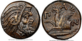 CIMMERIAN BOSPORUS. Panticapaeum. 4th century BC. AE (20mm, 6.75 gm, 10h). NGC AU 5/5 - 4/5, Fine Style. Head of bearded Pan right / Π-A-N, forepart o...