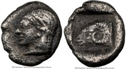 TROAS. Cebren. Ca. 5th century BC. AR diobol (10mm, 5h). NGC VF, scratches. Archaic diademed female head left, with / Ram head left; within incuse squ...