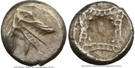 CARIA. Halicarnassus. Ca. 510-480 BC. AR hecte (11mm). NGC Choice XF. Head of ketos right, with pointed ear, pinnate mane, long snout, and mouth open ...