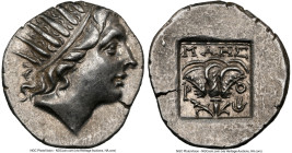 CARIAN ISLANDS. Rhodes. Ca. 88-84 BC. AR drachm (17mm, 12h). NGC XF. Plinthophoric standard, Maes, magistrate. Radiate head of Helios right / MAHΣ, ro...