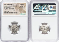 Anonymous (ca. 211-208 BC). AR victoriatus (18mm, 10h). NGC Choice MS 5/5 - 5/5. Rome. Laureate head of Jupiter right; dotted border / Victory standin...