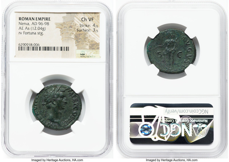 Nerva (AD 96-98). AE as (26mm, 12.04 gm, 6h). NGC Choice VF 4/5 - 3/5. Rome, AD ...