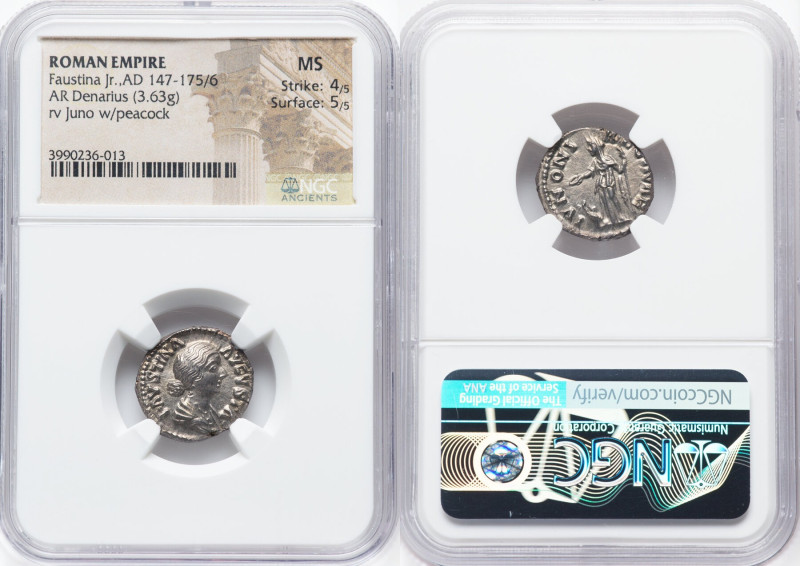 Faustina Junior (AD 147-175/6). AR denarius (17mm, 3.63 gm, 5h). NGC MS 4/5 - 5/...