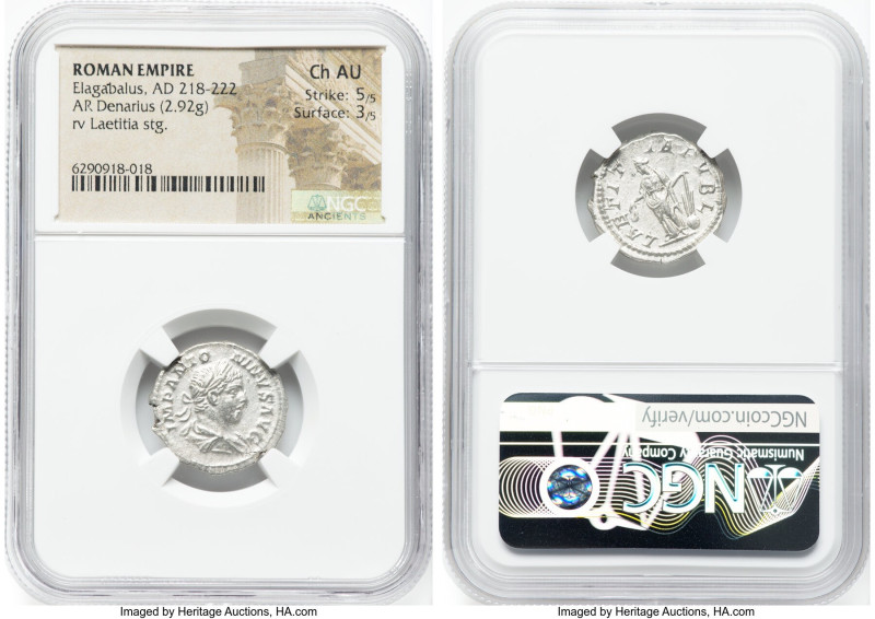 Elagabalus (AD 218-222). AR denarius (20mm, 2.92 gm, 4h). NGC Choice AU 5/5 - 3/...