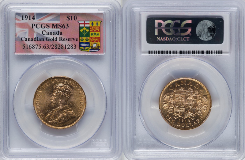 George V gold 10 Dollars 1914 MS63 PCGS, Ottawa mint, KM27, Fr-3. Canadian Gold ...